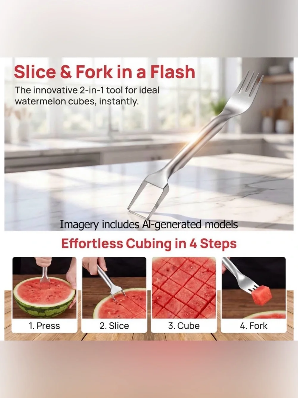 Stainless Steel Watermelon Cube Cutter & Fork - Silver